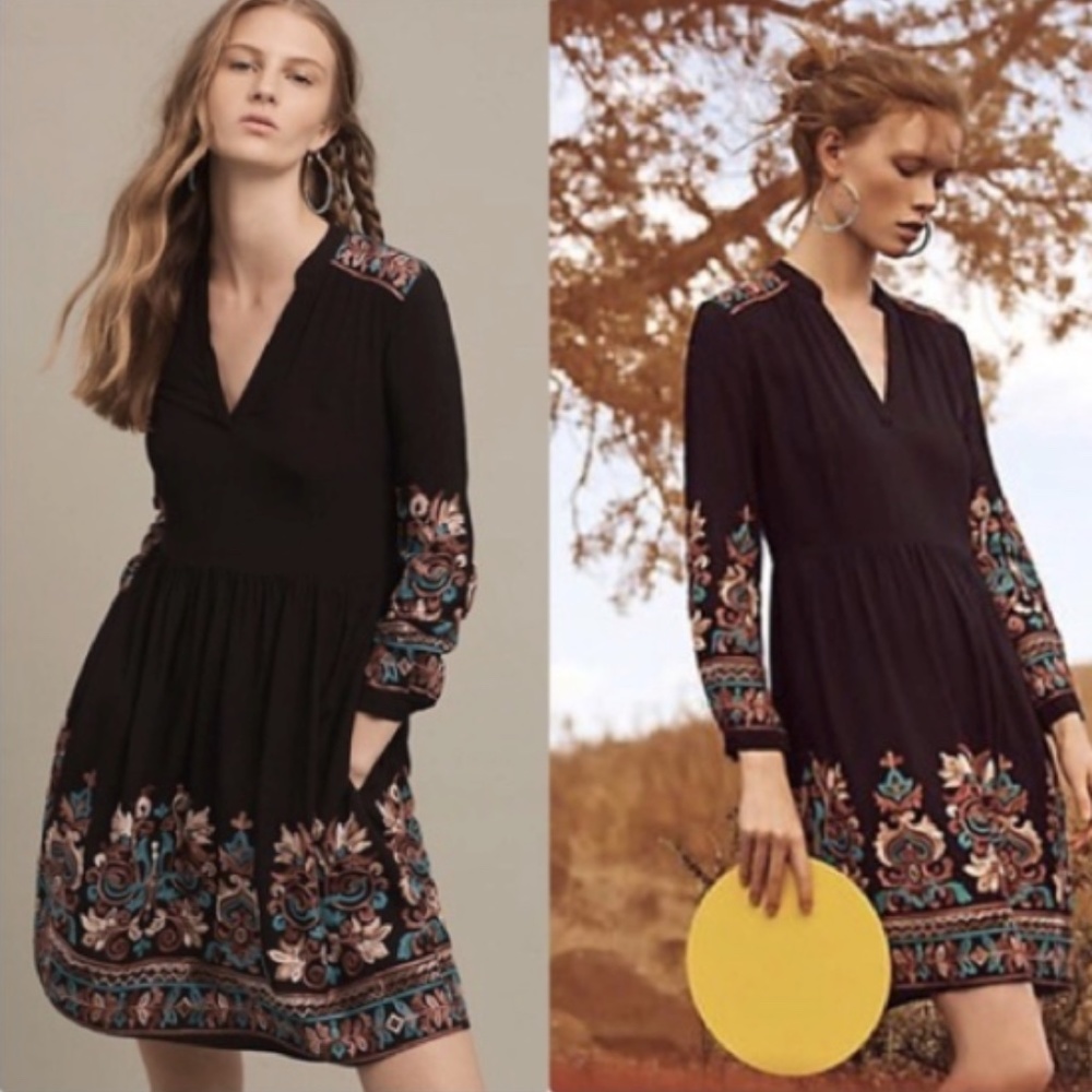 Floreat Black Long Sleeve Embroidered Mini Dress